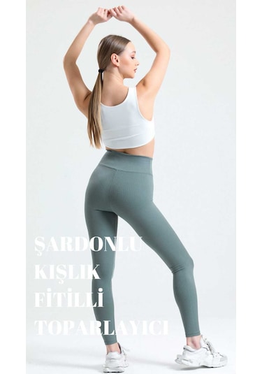 Haki Yüksek Bel Fitilli Toparlayıcı İnterlok Örme Şardonlu Spor Kışlık Tayt Haki