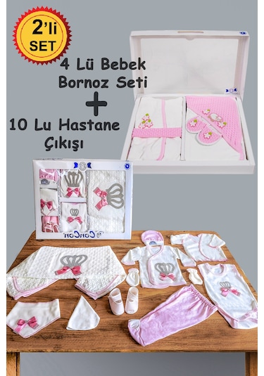 10 Parça Pembe Taşlı Hastane Çıkışı Ve 4 Parça Bebek Bornoz Seti Pembe