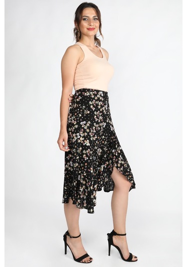 Kadın Çiçekli Viskon Etek Çiçekli Siyah