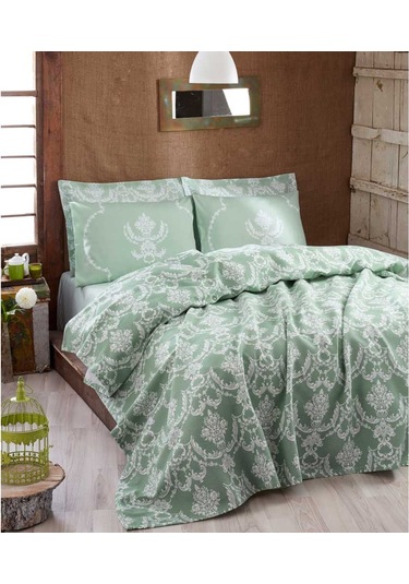 Enlora Home Pure Doğal Baskılı Çift Kişilik Pike Su Yeşili