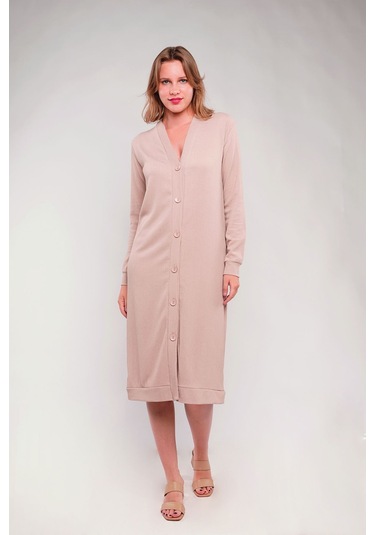 Gabria Ön Düğmeli Seul Uzun Hırka Bej