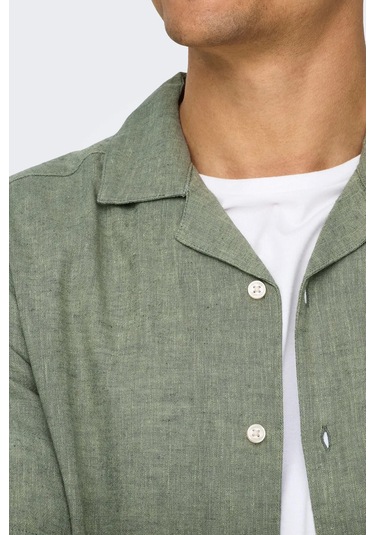Only & Sons Erkek Onscaıden Kısa Kollu Keten Gömlek 22025116 Yeşil Yeşil