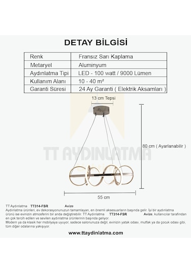 Tt314-fsr Tt Ayd. Sarı Işık B.sarmal Fransızsarıkaplama Avize Rosegold