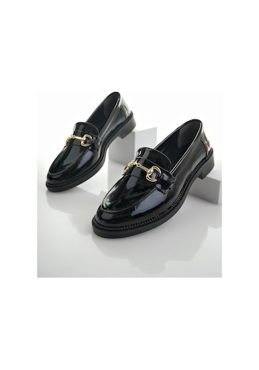 Muggo Sussie Garantili Metal Tokalı Kadın Loafer Günlük Ayakkabı Siyah Rugan