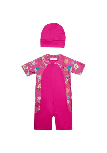 Uv Korumalı Kısa Kollu Tulum Kız Bebek Çocuk Yüzücü Mayo 1910 Fuşya Fuşya