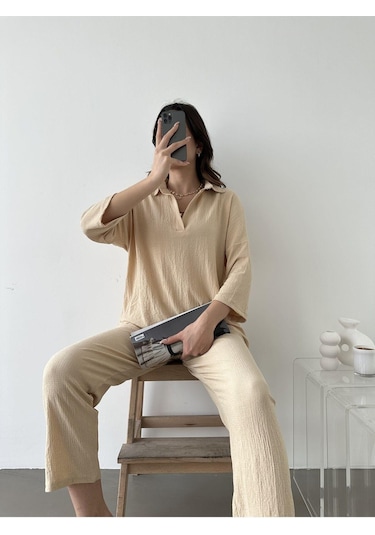 Kadın Polo Yaka Üst Pantolon Ikili Takım Bej