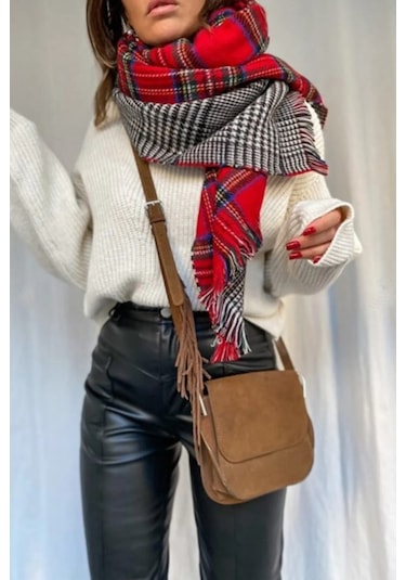 Çift Taraflı Yumuşak Dokulu Kırmızı Şal Atkı Kırmızı