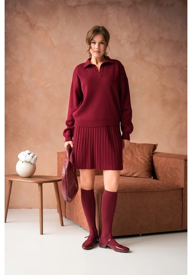 Kadın Polo Yaka Düşük Kol Kazak Kısa Etek İkili Triko Takım Bordo