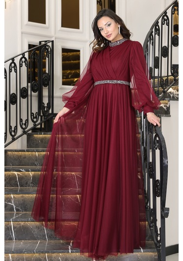 Senna Taş Detaylı Büyük Beden Şık Tesettür Abiye Bordo