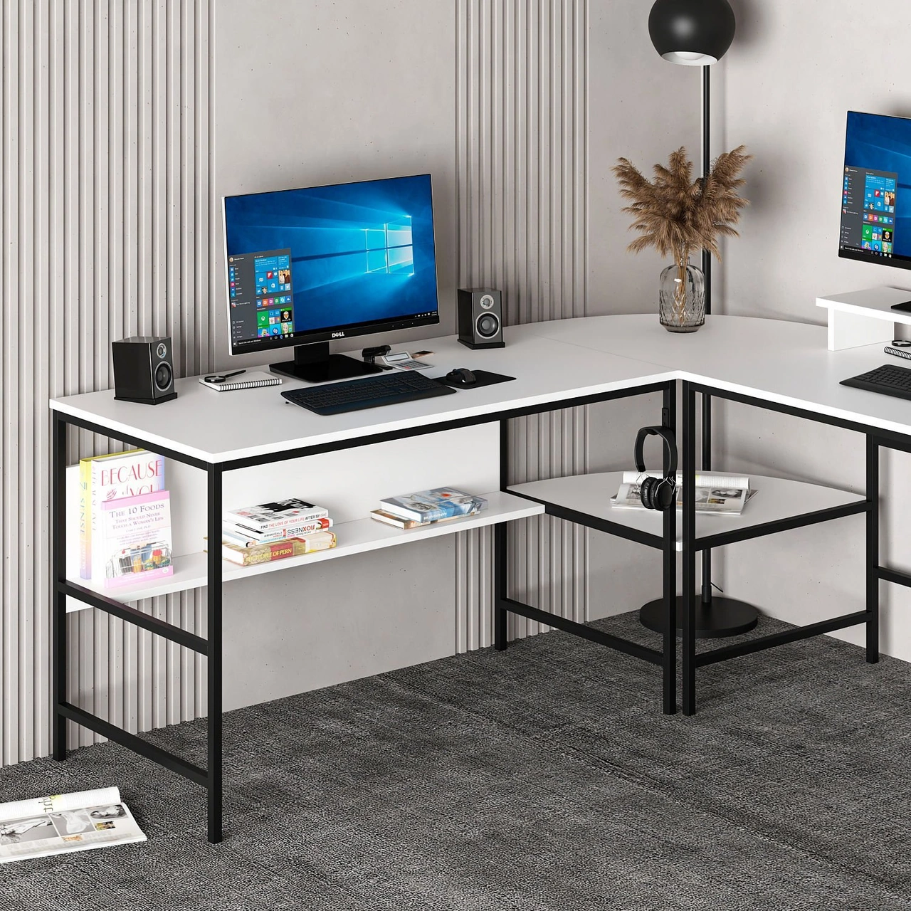 Minar Greta Raflı L Köşe Çalışma Masası - Beyaz Beyaz