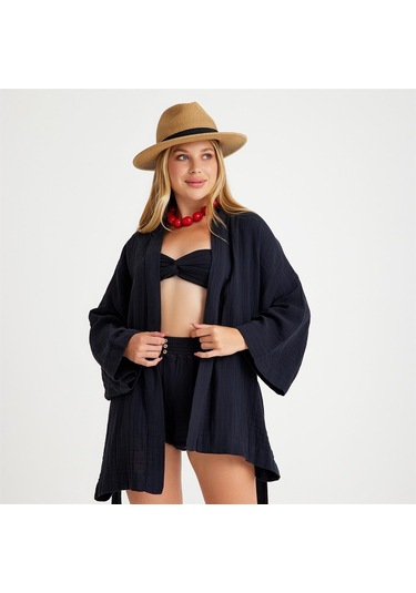 Pamuklu Dokuma Beli Kuşaklı Mini Kadın Kimono Kaftan - Standart Siyah