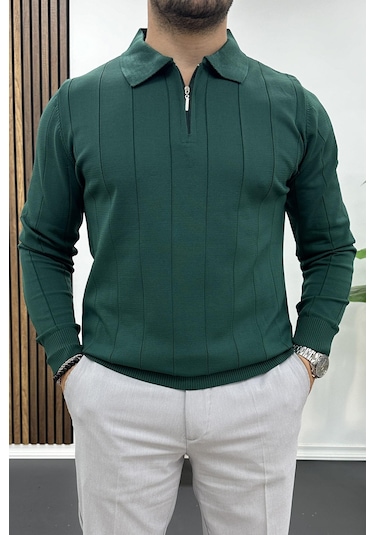 Erkek Yarım Fermuarlı Polo Yaka Mevsimlik Kazak Yeşil Edw195 Yeşil