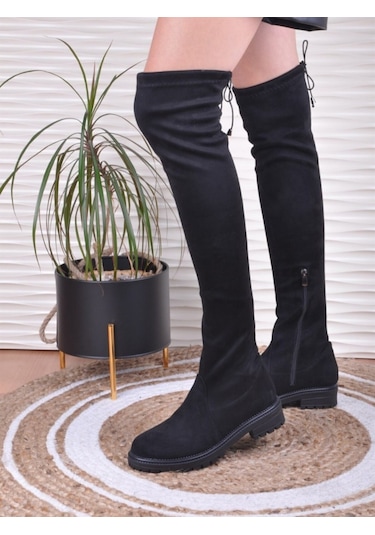 Nstil Siyah Kadın Çizme Diz Üstü Streç Çorap Fermuarlı Bayan Bot 177 Siyah