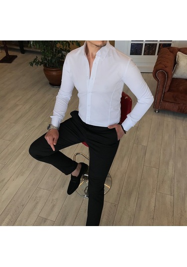 Italyan Stil Slim Fit Dik Yaka Saten Erkek Gömlek Beyaz T4754