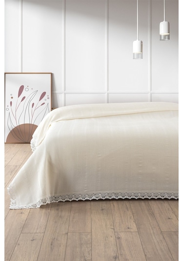 %100 Pamuk Çift Kişilik Kopanaki Dantelli Waffle Pike-210x230 Cm-krem Krem Krem