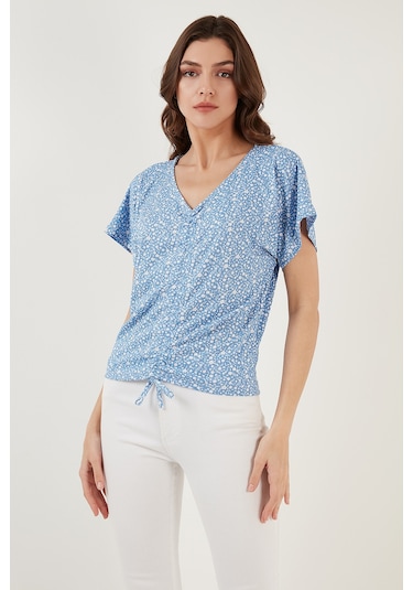 Lela Desenli Önü Büzgülü V Yaka Crop Bayan Bluz 5864486Y4 Bebe Mavi