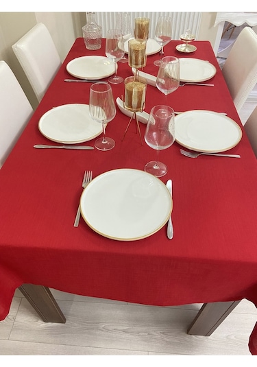 Keten Görünümlü Dertsiz Masa Örtüsü Kırmızı 13 Parça