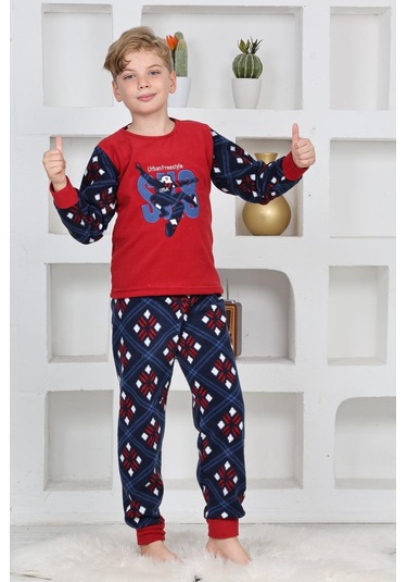 Yeni Sezon Sonbahar/kış Erkek Çocuk Skate 8 Desenli Polar Pijama Takımı 4536-kırmızı Kırmızı