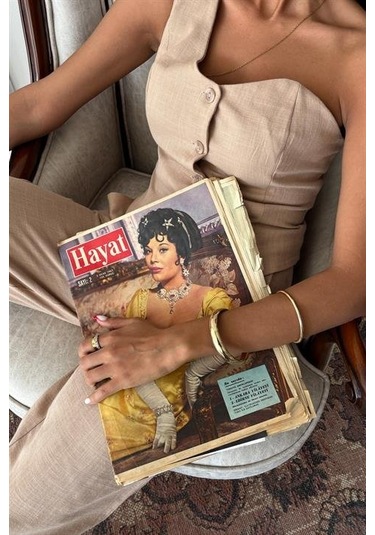 Tek Omuz Büstiyer Plazzo Pantolon Viscon Takım 10159 Bej