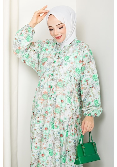 Elera Desenli Yarasa Kol Tesettür Elbise 1572 - Yeşil Yeşil