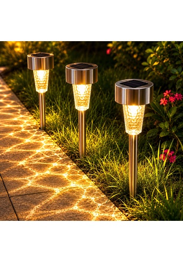 Solar Bahçe Aydınlatma Lambası 3 Adet Paslanmaz Çelik Led Saksı & Yol Işığı Sarı