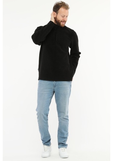 Uniprom Erkek Normal Kesim Dik Yaka Yarım Fermuarlı Polar Sweatshirt Siyah