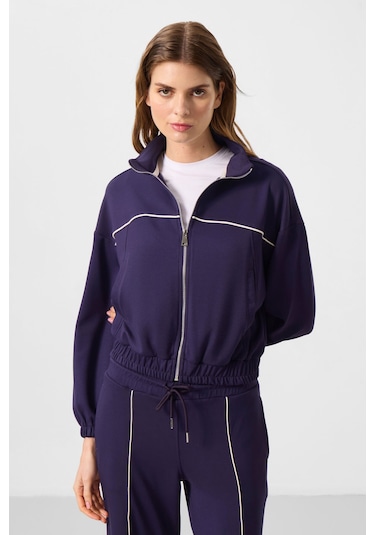 Koyu Mor Yumuşak Dokulu Dik Yaka Oversize Lastikli Kadın Eşofman Takım - 95349 Koyu Mor