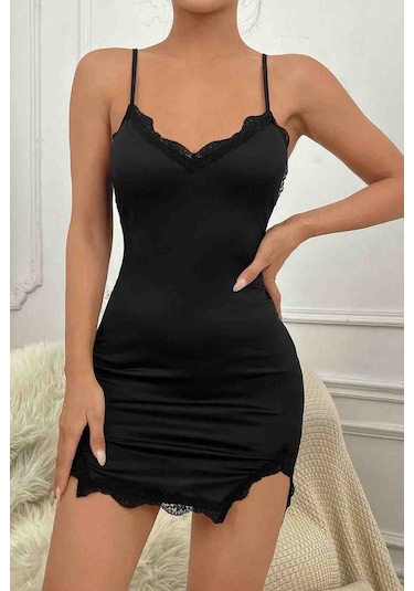 Merry See İki Taraf Yırtmaçlı Askılı Şık Gecelik Siyah