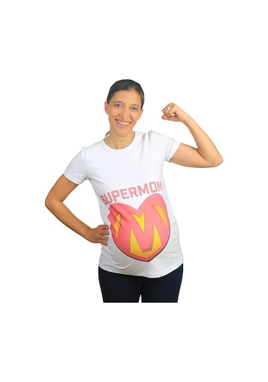 Mummy's Baby Hamile Tişört Super Mom Beyaz 8676