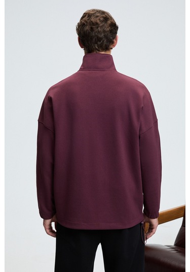 Grimelange EDISON Erkek Yarım Fermuarlı Kolu Baskılı Dik Yaka Bordo Sweatshirt