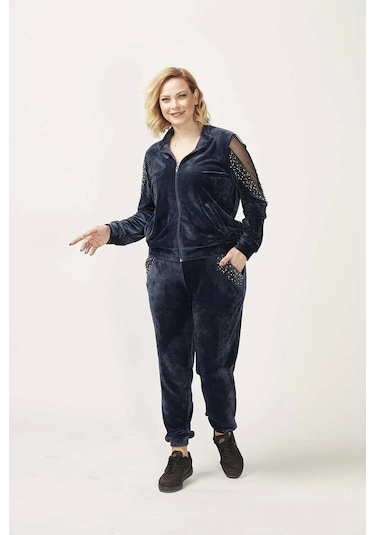 1950 Kolları Taşlı Tam Kalıp Tarz Kadife Büyük Beden Eşofman Takım Lacivert Lacivert