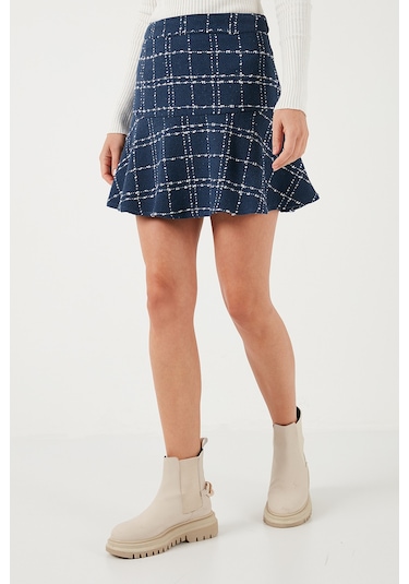 Lela Kareli Volanlı Mini Kışlık Bayan Etek 611Et00176W4 Indigo