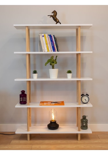 5 Raflı Modern Dekoratif Kitaplık Klasörlük Mutfak Rafı Kiler Çok Amaçlı Raf - Beyaz