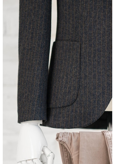 Slimfit Torba Cep Çizgili Mono Yaka Astarsız Çift Yırtmaç Likralı Kışlık Erkek Tek Ceket 001