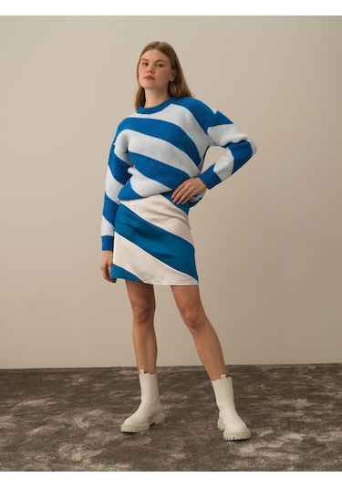 Xint Regular Fit Saten Çizgili Etek 24kb22270391-06 Mavi