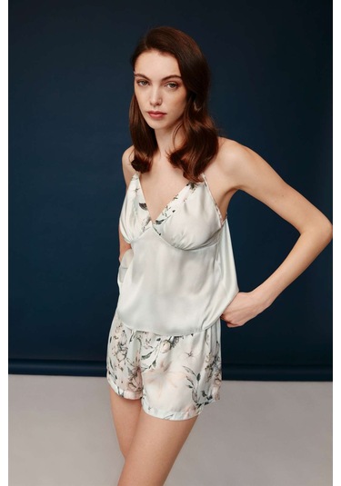 Bonnie&Clyde - Kadın Baskılı Saten Şort Takımı -5240 Krem