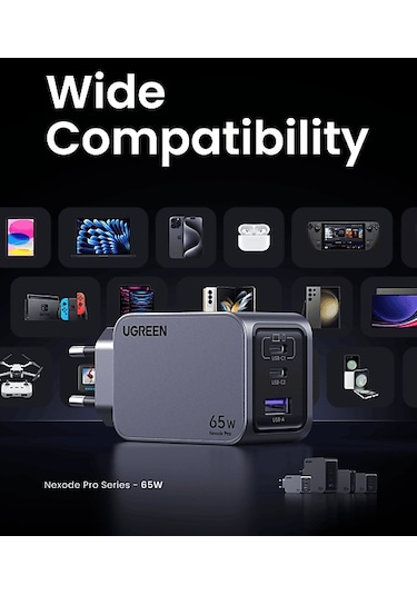 Ugreen Nexode Pro 65 W QC PD 2xUSB-C 1xUSB-A Gan Hızlı Şarj Cihazı Uzay Grisi