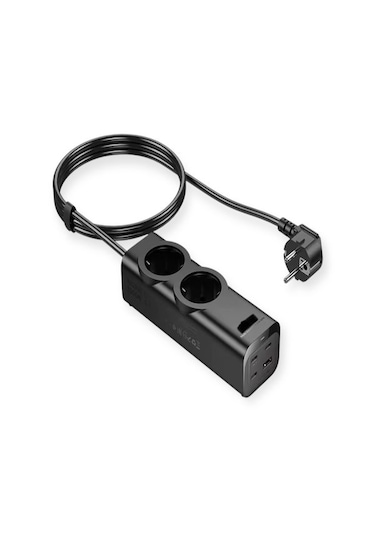 67w Gan Hızlı Şarjlı Kablolu Priz 3x Type-c + 1x Usb + 2'li Priz 1.5m Uzatma Kablosu Siyah 1,5 m