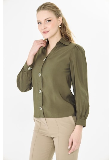 Sortie Collection V Yaka Büzgülü Modal Gömlek - Haki