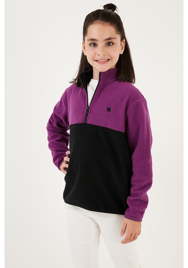 Lela Yumuşak Dokulu Yarım Fermuarlı Renk Bloklu Dik Yaka Unisex Çocuk Polar 5905004 Mor-Siyah