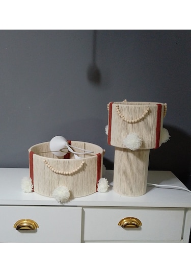 Makrome İp Avize Abajur Ponpon Avize Bebek Çocuk Avize Abajur Set Komple Makrome İp Ekru