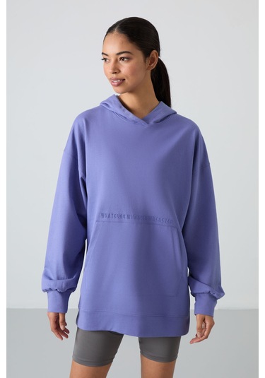 Tommy Life Eflatun Balon Kol Yazı Nakışlı Kadın Oversize Tunik Sweatshirt - 97163 Eflatun