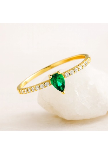 14 Ayar Altın Yeşil Zümrüt Taşlı Minimal Yüzük 14 Ayar Altın