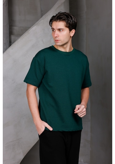 Erkek Basic Oversize Bisiklet Yaka 2 İki İplik Kompakt T-shirt Nefti