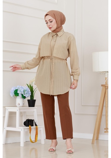 Sevitli Beli Bağcıklı Allerli Taşlı Tunik-bej-5219 Bej