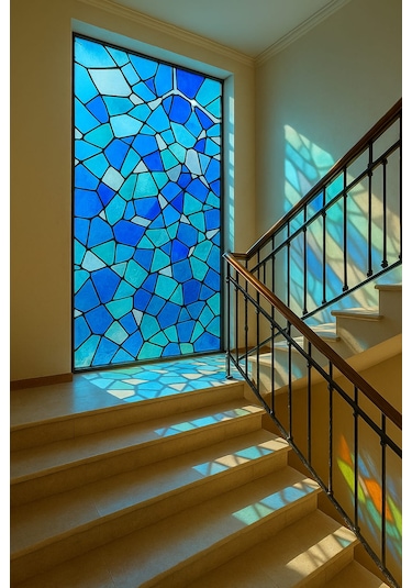 Vitray Desen Yapışkanlı Şeffaf Folyo 67cmx 2 Metre Açık Mavi
