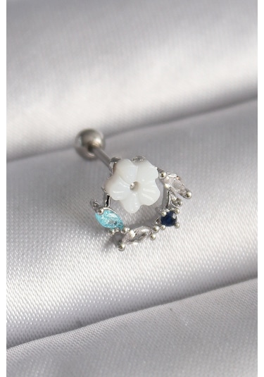 Nova Bazaar 316l Çelik Gümüş Renk Zirkon Taş Detay Beyaz Çiçek Model Tragus Piercing Gümüş