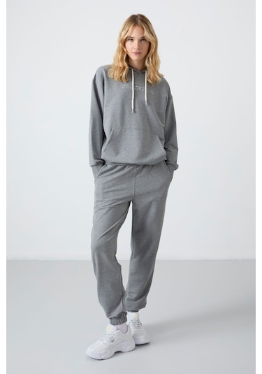 Tommy Life Gri Melanj Kapüşonlu Kanguru Cep Oversize Lastik Paça Kadın Eşofman Takımı - 95288 GRİ MELANJ