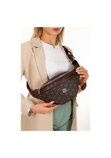 Newish Polo Kadın Desenli Çapraz Omuz Askılı Bel Ve Omuz Çantası - New345 Kahverengi