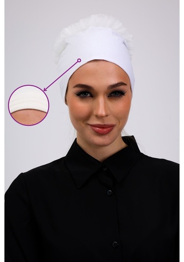 Kaymayan Fırfırlı Silikonlu Dikişsiz Bone Ekru - Kaymaz Kadın Tesettür Bağlamalı İç Bone Ekru